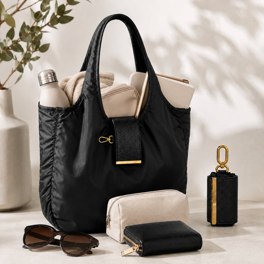 Bolsa Bijou negra abierta con botella, suéter y cartera, junto a su estuche llavero