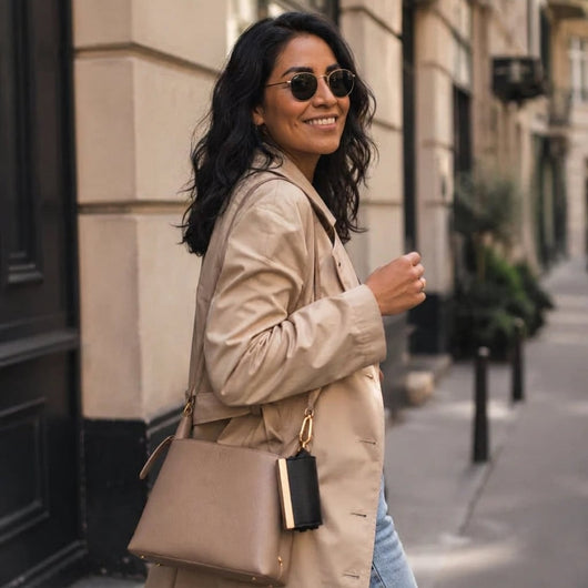 Mujer con lentes de sol y el Bijou negro colgado de su bolso
