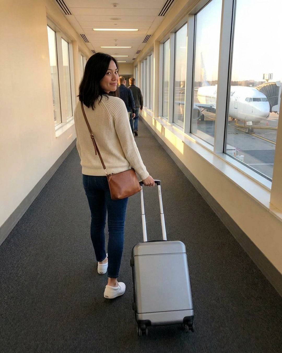 Una viajera camino al avion por el pasillo de abordaje, con su maleta de mano