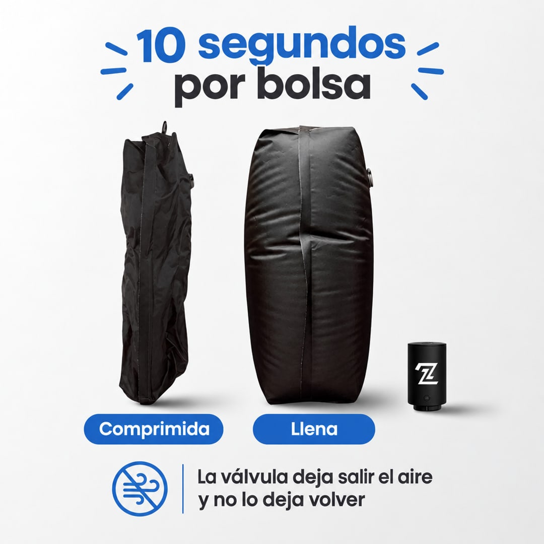 La bolsa comprimida y la llena lado a lado: 10 segundos por bolsa, y la valvula no deja volver el aire