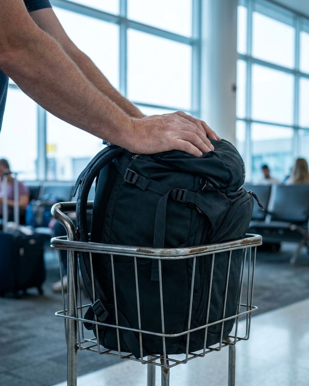 Una mochila demasiado llena que no entra en la canastilla medidora de la sala de abordar