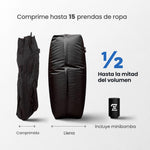 La bolsa llena y comprimida lado a lado: hasta la mitad del volumen, con su minibomba