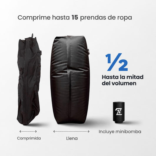 La bolsa llena y comprimida lado a lado: hasta la mitad del volumen, con su minibomba