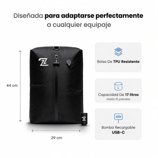 Medidas de la bolsa: 44 × 29 cm, 17 litros, hasta 15 prendas, con bomba recargable USB-C