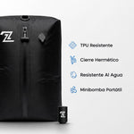 La bolsa y sus características: TPU resistente, cierre hermético, resistente al agua y minibomba