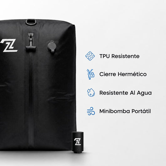 La bolsa y sus características: TPU resistente, cierre hermético, resistente al agua y minibomba
