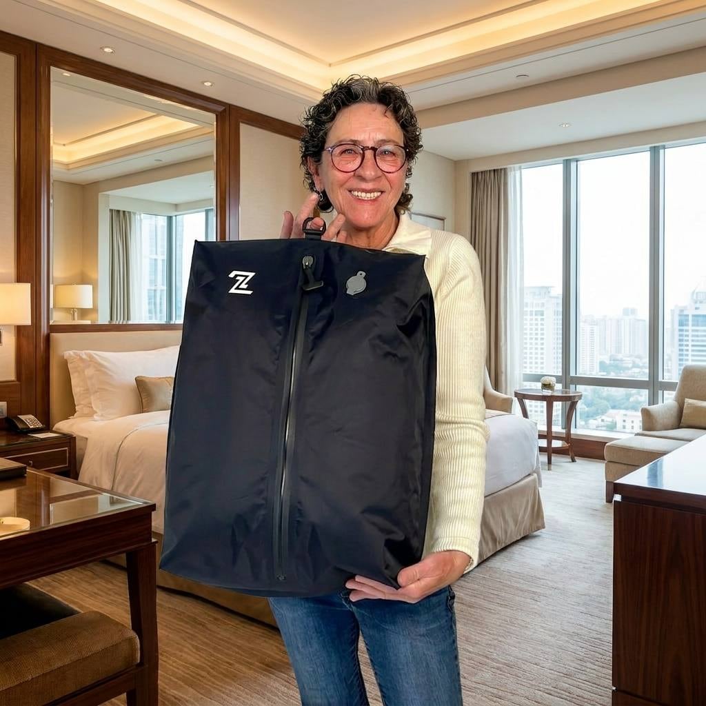 Viajera en la habitación del hotel con la bolsa de viaje comprimida