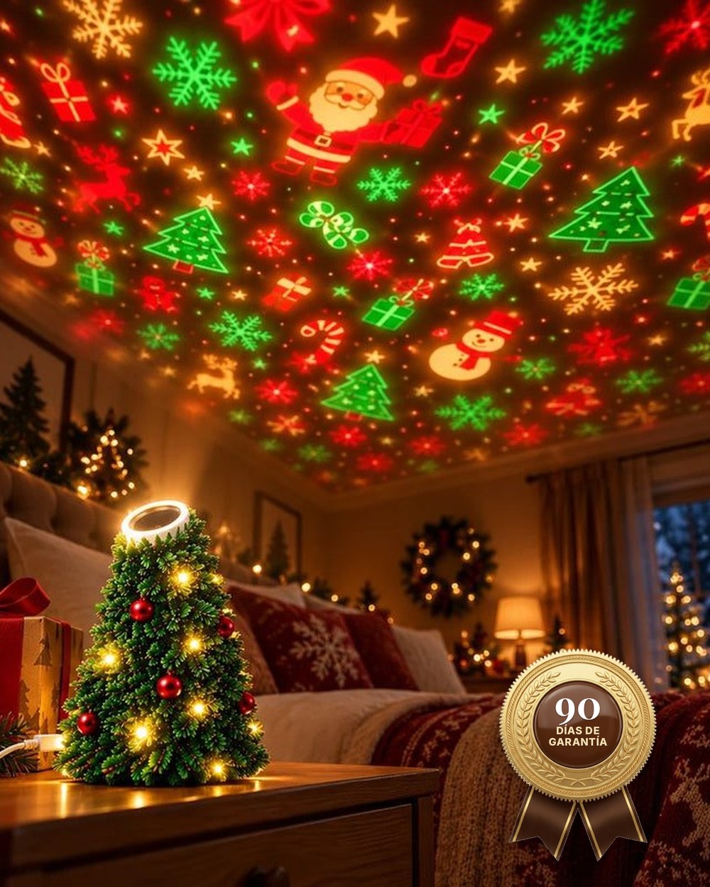 Medalla de garantía de 90 días sobre un cuarto con el techo lleno de Navidad
